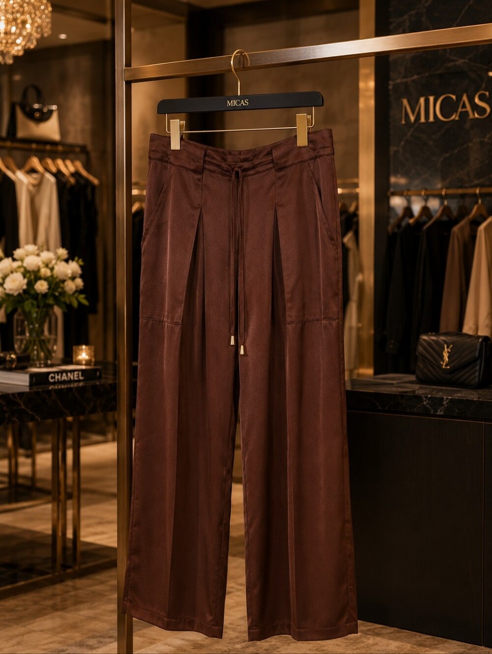 NWT MICAS Brown Satin Wide Leg Pleated Drawstring Pants XS Date Night Chic